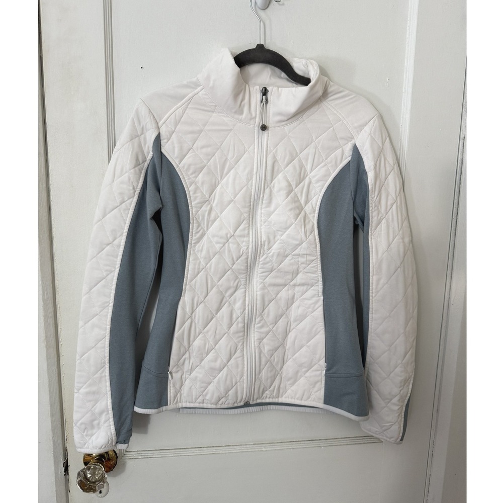Athleta Quilted Full Zip Active Jacket White Blue Gray Mock Neck Medium